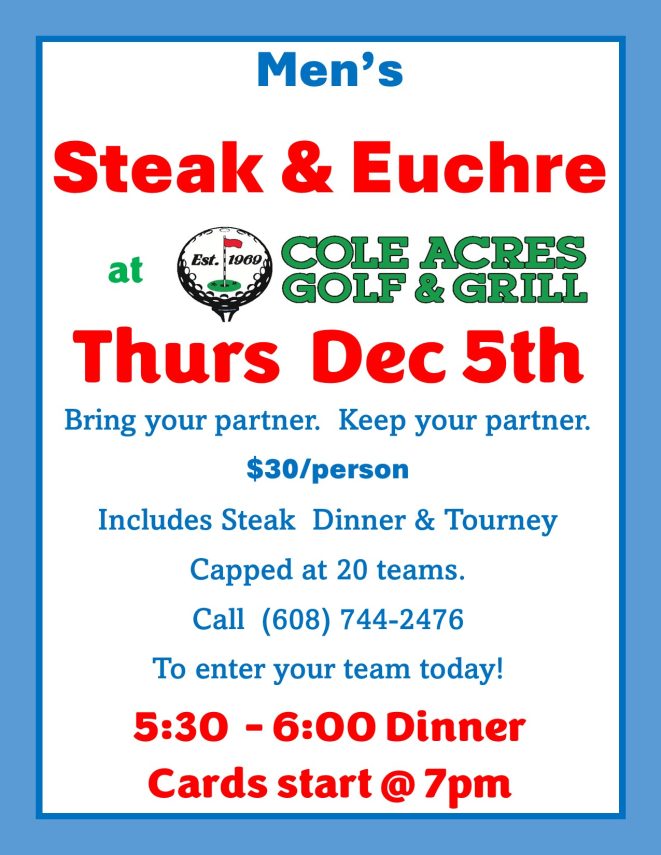 Men’s Steak and Euchre – Cole Acres Golf and Grill
